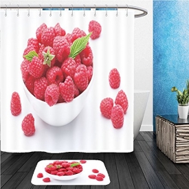 Beshowereb Bath Suit: ShowerCurtian & Doormat crockery with beautiful tempting raspberries isolated on white background 59196439