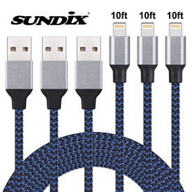 iPhone Charger Sundix Lightning Cable 3Pack 10FT Extra Long Nylon Braided Charging Cord Compatible With iPhone X 8 Plus 8 7 Plus 7 6 6S 6 Plus 5S SE iPod iPad Mini Air Pro–Blue