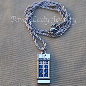 Blue Vintage Police Box USB Drive Necklace with Stainless Steel Chain