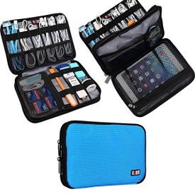BUBM Double Layer Electronic Accessories Organizer, Travel Gear Bag for Cables, USB Flash Drive, Plug and More, Perfect Size Fits for iPad Mini (Medium, Blue)