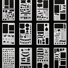 Bullet Journal Stencil,GEOTEL Easy Placement Light Ultra Thin Semitransparent Plastic Planner Stencils Journal/Notebook/Diary/Scrapbook DIY Drawing Template Stencil 4×7 Inch, 12 Pieces