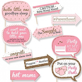 Funny Pink and Gold – Hello Little One – Girl Baby Shower Photo Booth Props Kit – 10 Piece