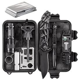 Emergency Survival Kit 10 in 1 – Outdoor Survival Gear – Folding Knife, Paracord Bracelet, Emergency Blanket, Fire Starter, Flashlight, Whistle, Tactical Pen etc – Camping, Hiking, Survival Trips