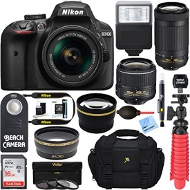 Nikon D3400 24.2MP DSLR Camera w/ AF-P 18-55 VR & 70-300mm Dual Lens Accessory Bundle – (Certified Refurbished) (Black)