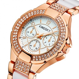 Women Gold Watches KINGSKY Brand Rhinestone Band Japan Quartz Movement Fashion Ladies Wrist Watch 011011 (Rose Gold White)