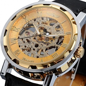 Happy Hours – New Fashion Round Face Gold Steampunk Skeleton Mechanical Transparent Clear Dial Silver Stainless Steel Boys’ / Men’s Sport Leather Band Wrist Watch