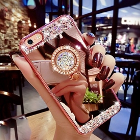 iPhone 8 Plus/7 Plus Case,Inspirationc Luxury Crystal Rhinestone Soft Rubber Bling Diamond Glitter Mirror Makeup Case for iPhone 8 Plus 5.5 Inch with Detachable 360 Degree Ring Stand–Rose Gold