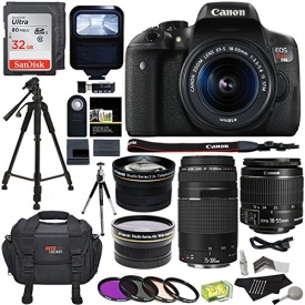 Canon EOS Rebel T6i 24.2 MP Digital SLR Camera 18-55mm STM Lens + Canon EF 75-300mm f/4-5.6 III Lens + Polaroid .43x HD Wide Angle Lens & 2.2X Telephoto Lens + Lexar 32 GB + Tripod + Accessory Bundle