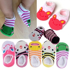 Pinksee Baby Infant Girls 5 Pairs Cotton Animal Stripes Anti Slip Booties Socks 0-18 months