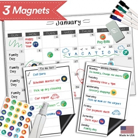 Magnetic Dry Erase Refrigerator Calendar – 17″ x 11″ – Monthly Weekly Reusable Fridge Meal Planner – Large Whiteboard Kitchen Magnet Chore Chart – Grocery & To Do List – Erasable White Board Bulletin