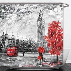 Beshowere Shower Curtain oil painting on canvas street view of london artwork big ben man and woman under a red umbrella