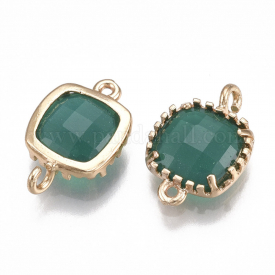 Glass Links/Connectors, with Brass Findings, Faceted, Square, Golden, Teal, 14.5×9.5×3.5mm, Hole: 0.8~1.2mm