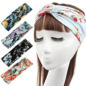 DRESHOW 4 Pack Headbands Vintage Elastic Printed Head Wrap Stretchy Moisture Hairband Twisted Cute Hair Accessories (Navy Black Blue Green)