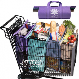 Lotus Trolley Bags -w/ LRG COOLER Bag & Egg/Wine holder! Reusable Grocery Cart Bags sized for USA. Eco-friendly 4-Bag Grocery Tote.100% Qlty GUARANTEE
