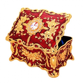 ♥Valentine’s Gift♥Rectangular Vintage Jewelry Box with Ornate Antique Finish; Metallic Trinket Box with Dividers Inside, Best-Gifts for Women, Girls (Red)