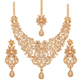Touchstone Indian Bollywood traditional royal look attractive filigree carving white Rhinestone grand bridal designer jewelry necklace set for women in antique gold tone
