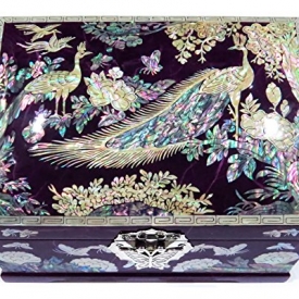 Jewelry Box Ring Organizer Mother of Pearl Inlay Mirror Lid 2 Level Peacock (Purple)