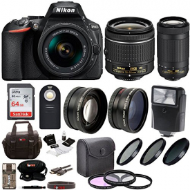 Nikon D5600 DSLR Camera with 18-55mm and 70-300mm Nikkor Zoom Lenses + 64GB Memory Card + Filters + Flash + Wide and Telephoto Lenses + Accessory Bundle