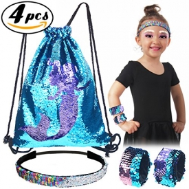 Pawliss Set of 4 Little Mermaid Magic Reversible Sequin Birthday Party Gifts for Girls Kids, Sequined Slap Bracelets Drawstring Bag Backpack Headband, Blue & Purple