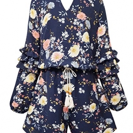 Smukke Big Girls Gorgeous Floral Printed Romper With Tiered Ruffle Long Sleeves (With Options), 7-16 (7, Navy Multi)