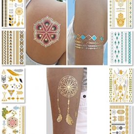 Metallic Temporary Tattoos for Women Teens Girls – 8 Sheets Gold Silver Temporary Tattoos Glitter Shimmer Designs Jewelry Tattoos – 100+ Color Flash Fake Waterproof Tattoo Stickers (Caicos)