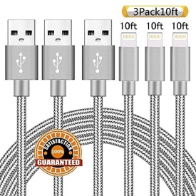 Suanna iPhone Cable 3Pack 10FT Nylon Braided Certified Lightning to USB iPhone Charger Cord for iPhone 8 7 Plus 6S 6 SE 5S 5C 5, iPad 2 3 4 Mini Air Pro, iPod Nano 7 (Gray)