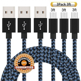 Suanna Micro USB Cable,3Pack 3FT Nylon Braided Android Charger USB to Micro USB Charging Charger Cord for Samsung Galaxy S7 Edge/S7/S6/S4/S3,Note 5/4 (Black Blue)