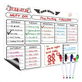 Wet/Dry Erase Fridge Magnet Weekly Calendar Whiteboard Planner, FaayFian To Do List with 4 Magnetic Dry Erase Markers, Never Stain, Grocery Shopping List, Memo for Family, Office ,School