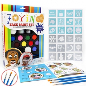 Joyin Toy Face Paint Ultimate Party Pack – 12 Colors, 24 Stencils, 2 Glitter Gel, 3 Brushes and Idea Booklet Included, Easy on & Easy Off, Non-Toxic, Arts & Crafts for All Parties