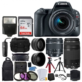 Canon EOS Rebel SL2 DSLR Camera + EF-S 18-55mm IS STM + EF 75-300mm III + 64GB Memory Card + Wide Angle & Telephoto + RS-60 Remote Switch + Slave Flash + Quality Tripod + Case & Backpack – Full Bundle