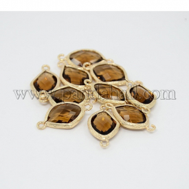 Real Gold Plated Brass Glass Links, Faceted Drop, Sienna, 22x12x4.5mm, Hole: 1mm