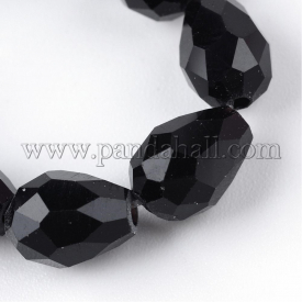 Transparent Glass Bead Strands, Faceted Drop, Black, 8x6mm, Hole: 1mm; about 72pcs/strand, 22″