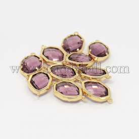 Real Gold Plated Brass Glass Links, Faceted Polygon, Plum, 23x13x6mm, Hole: 1mm