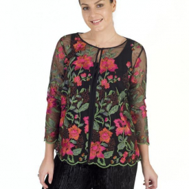 Blk/Pink Scallop Trim Embroidered Mesh Jacket