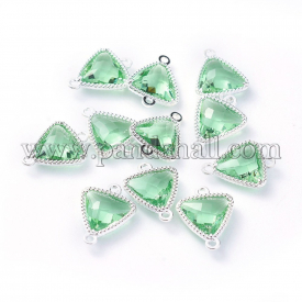 Glass Links/Connectors, with Environmental Alloy Open Back Berzel Findings, Faceted, Triangle, Silver, LightGreen, 16x12x4.5mm, Hole: 1.2mm