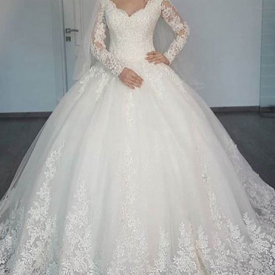 A-Line Wedding High Neck Long Sleeve Bridal Gowns Lace