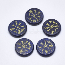 Natural Lapis Lazuli Cabochons, Flat Round with Nordic Pagan Pattern, Dyed, 25×5.5mm