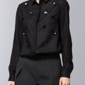 Beaded Buttoned Long Sleeve Cotton Blouse