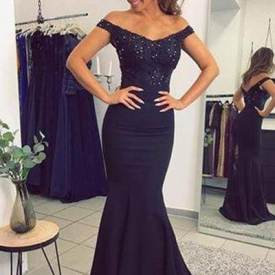 Navy Blue Off The Yellow Mermaid Prom Dresses 2020
