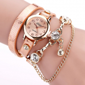 DUOYA Retro Style Pendant Gold Case Leather Bracelet Watch