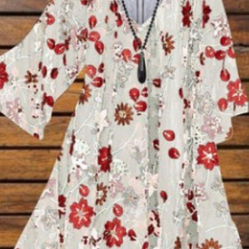 White Size Floral Vneckline Plus Size Summer Dresses