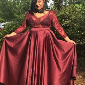 Free Shipping on Chicloth A-Line V-neck 3/4 Sleeves With Applique Floor-Length Satin Plus Size Dresses