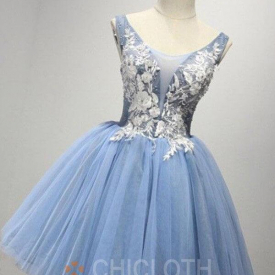 Ball Gown Scoop Short Blue Tulle Homecoming Dress with Appliques-Cheap Casual Dresses