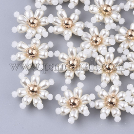 ABS Plastic Imitation Pearl Cabochons, Cluster Beads, with Glass Beads and CCB Beads, Non-Woven Fabric, Flower, White, 22~24×8~10mm