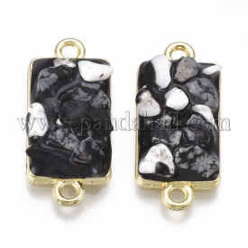 Alloy Links, with Gemstone and Enamel, Rectangle, Light Gold, Black, 24.5×11.5×4~7mm, Hole: 2mm