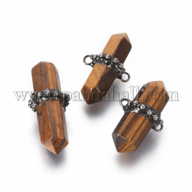 Natural Tiger Eye Links/Connectors, with Brass Findings, Bullet, Antique Silver, 25.5~47×20~25×16~23mm, Hole: 2.5mm