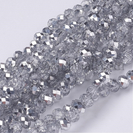 Electroplate Glass Bead Strands, Half Silver Plated, Faceted, Rondelle, Clear, 4x3mm, Hole: 1mm; about 140~145pcs/strand, 18.9″