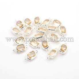 Silver Plated Brass Glass Rectangle Links, Faceted, PeachPuff, 14x7x4mm, Hole: 1mm