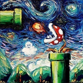 Starry Night Piranha Plant PRINT – Video Game Art – Poster print – giclee – Nintendo – van Gogh Never Leveled Up – Art by Aja 8×8, 10×10, 12×12, 20×20, 24×24 inches