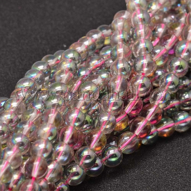 Full Rainbow Plated Round Electroplated Glass Beads Strands, Flamingo, 8mm, Hole: 1mm; about 51pcs/strand, 15.4″.